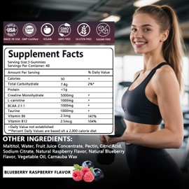 Creatine Monohydrate Gummies Complex 8000 MG for Men Women, Creatine Gummy with Taurine BCAA for Energy Support and Muscle Strength, Sugar Free Pre-Workout Supplement