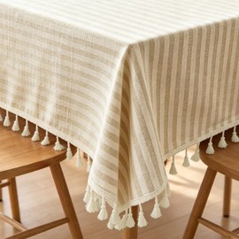 NUTKIT 140*140cm Table Cloth Square Stripe Tassels Tablecloth(Light Yellow)