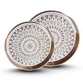 HOME ARCHIVE Round Serving Tray with with Handles Antique Look & Stylish Design Decorative Trays for Kitchen Round Ottoman Tray for Dinning Living Room & Home Decor Pack of 2 (White-Gold)