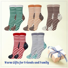 KONY 5 Pack Women's Cute Animal Socks Cotton Cat Dog Duck Patterned Novelty Fun Crew Socks Gift Size 6-9 (Striped Cats)