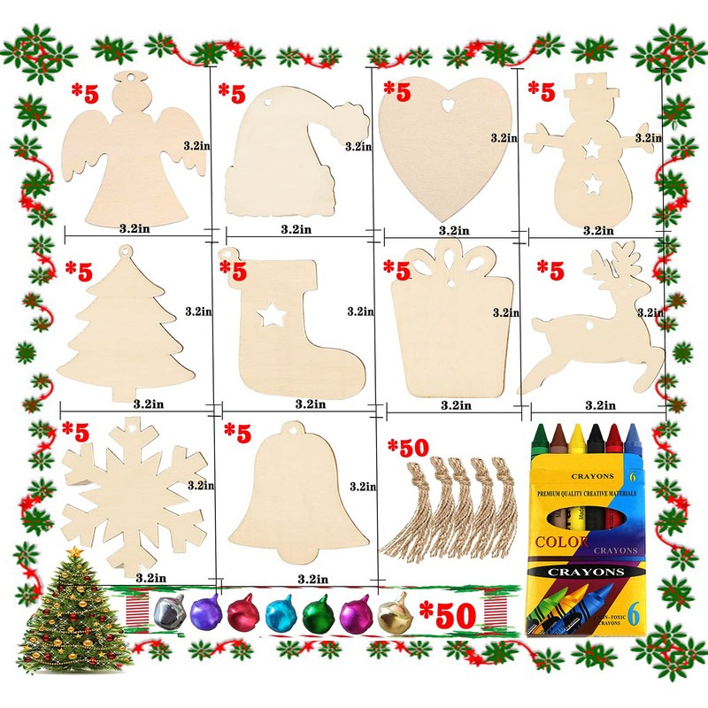 クリスマスオーナメント DIYアートクラフト 未完成の塗装可能な空白の装飾品 木製 50枚セット 10種類 サンタクロース/雪だるま/トナカイ/ベル/クリスマスツリ/ギフト/天使/靴下/雪片/ラブハーツ クリスマスツリー飾り屋内と屋外デコレーション壁掛け 玄関ぶら下げ 子供ギフト