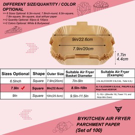 BYKITCHEN Air Fryer Liners Square, 100pcs 7.9 Inch Air Fryer Parchment Paper Liners Disposable, Large Greaseproof Paper for Air Fryer, Compatible with COSORI, Ninja, Tower Cosori (Unbleached)