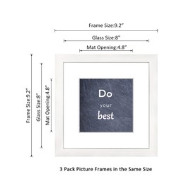 DEKWINN 8x8 Picture Frame Set of 3 with Real Glass for Pictures 5x5 with Mat or 8x8 Without Mat,Wall Gallery or Tabletop display Photo Frames in White