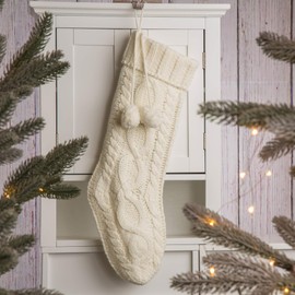 Glitzhome Xmas Stockings Rustic Knitted Stocking White Christmas Stockings with Pom Pom 24 Inches Height Hanging Stocking for Christmas Holiday Decoration