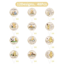 48Pcs Bear Themed Cupcake Toppers,Classic Winnie Stuff for Baby Shower/First Birthday Party Decorations