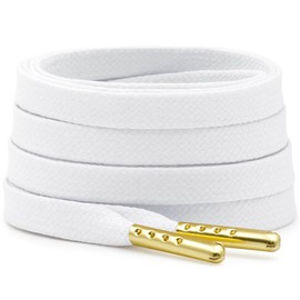 DELELE Flat Waxed Cotton Shoelaces: 55 inch White with Golden Metal Tips Wax Shoe Laces for Sneakers Boot 2 Pair