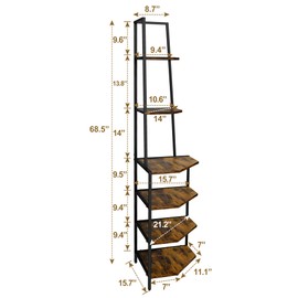 6-Tier Corner Shelf Stand, Wooden Corner Bookshelf Display Shelf for 90° Wall, 5-Sided Rack Wall Multi Unit Bookcase Organizer, Tall Shelves for Bedroom, Living Room, Home Office (Tiger Skin Brown)