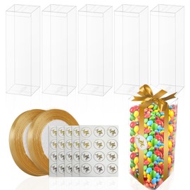 50 Caja de Regalo, 5x5x15cm Caja de Regalo Transparente, Cajas de Plástico Caramelos con Cintas y Pegatina, Caja Rectangular para Bodas, Despedidas de Soltera, Baby Shower, Navidad, Fiestas