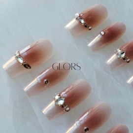GLORS Long Ballerina Press-on Nails, Pink French Style with Rhinestones, Coffin Shape, Handmade False Nail 10 Pieces (M,LB)
