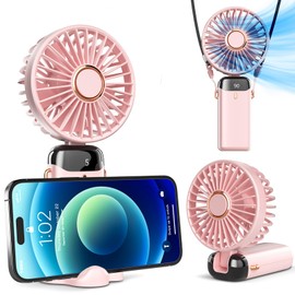 Koonie Portable Handheld Fan, Battery Operated Fan with Base, 8 Hours, Digital Display, 5 Speeds, 90° Ajustable, Rechargeable Mini Fan for Outdoor Indoor Pink
