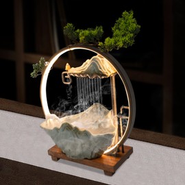 Indoor Water Fountain Desktop, LED Lighted Relaxation Tabletop Fountain Waterfall with Mist and Fake Plants, Rockery Feng Shui Decor for Meditation Good Luck Wealth