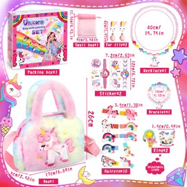 BBLTIFF Unicorn Bag Girls, Jewellery Set Girls, Unicorn Handbag Jewellery Set, Unicorn Gifts for Girls, with Unicorn Bag, Bracelet, Necklace, Earrings, Hair Clip, Ring, Sticker, Resin