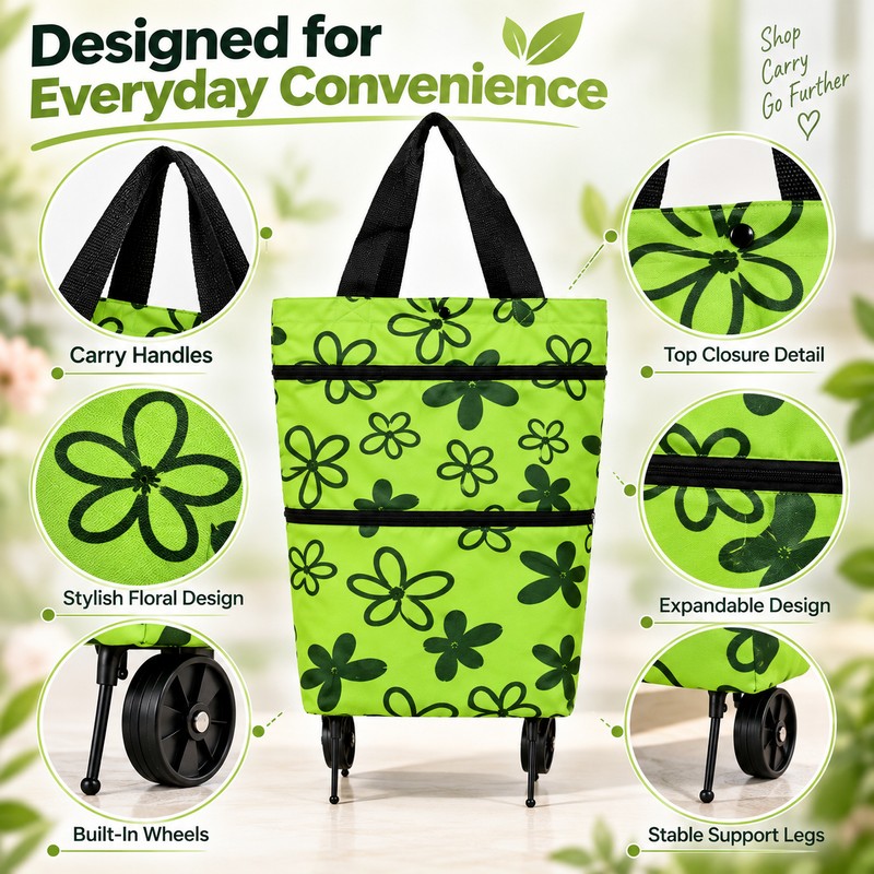 Foldable Wheeled Shopping Bag for Groceries – Expandable Tote-to-Rolling Design
