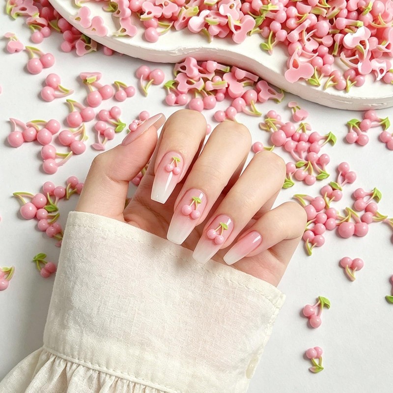 50Pcs Cherry Nail Charms 3D Pink Fruit Nail Supplies Spring
