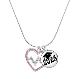 Delight Jewelry Silvertone Large Pink Crystal Heart with Clear Heartbeat Script Class of 2025 Dome Charm Necklace, 18"