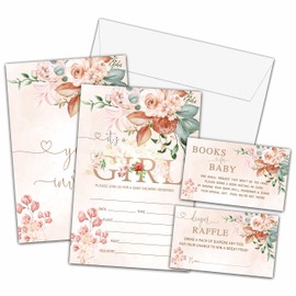 KFNER It’s a Girl Baby Shower Invitations Set, Sweet Girl Invitations with Envelopes, Spring Flowers Diaper Raffle Tickets and Book Request Cards, Floral Gender Reveal Party Supplies Decorations -08