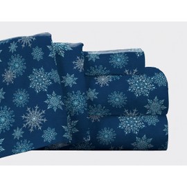 Pointehaven Flannel Deep Pocket Set with Oversized Flat Sheet, Full, Snow Flakes Navy