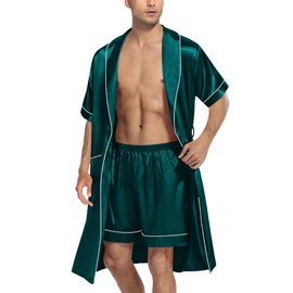 SWOMOG Men's Satin Robe with Shorts Set Silky Short Sleeve Kimono Bathrobe Lightweight Soft Sleepwear