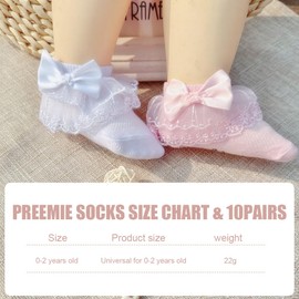 10 Pairs Preemie Cotton Socks - Soft Ruffle Lace Trim for Newborn Girls & Boys, Hypoallergenic Breathable Infant Socks (White/Pink/Yellow/Blue/Purple)