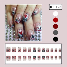 Valentine's Day Press on Nails Short Square Fake Nails With Love Heart Designs Valentines Day Red Black Glitter French Tip False Nails Full Cover Stick on Nails Romantic Artificial Nails for Women