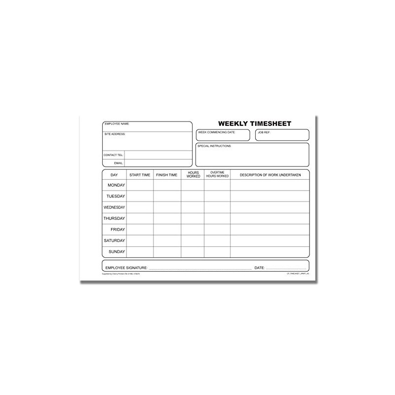 Cherry Carbonless NCR Weekly Timesheet Triplicate Book A4 50 Sets