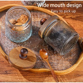 MQMCPDS Vintage Glass Jars with Airtight Wood Lids & Handles - 16.9 OZ Set of 4 - Coffee Jars,Tea Canisters,Candy Jars for Flour,Sugar- Kitchen Pantry Containers (4, Rippling wheat pattern)
