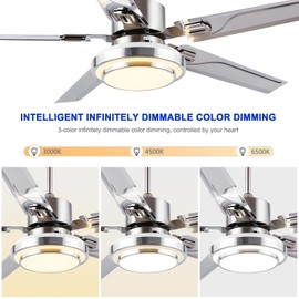LDDBEN Brushed Nickel Ceiling Fan with Lights and Remote Control, 3-Color Stainless Steel Ceiling Fan Light, Quiet Reversible Motor, 5 Blades Modern Ceiling Fan for Indoor (Silver, 42 Inch)