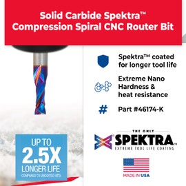 Amana Tool Spektra Extreme Tool Life CNC Compression Spiral Router Bit, 46174-K, 3/8 D x 1 CH x 1/2 Shank x 3 Inch L 2 Flute (Replaces Item no. 46161)