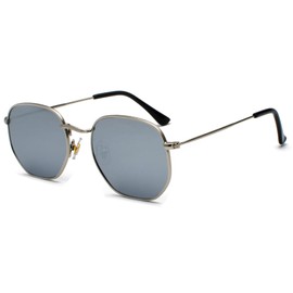 RUNHUIS Retro Polygon Sunglasses for Men and Women, Fashionable Square Glasses, Ultralight Metal Frame, Silver/Silver Mercury