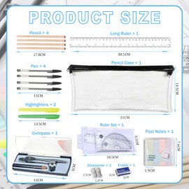 20 PCS School Stationery Set with 4 Pencils, 4 Pens, 2 Highlighters, Eraser, Sharpener, Geometry Kit with Compass, Pencil Case & Post Notes, Back to School & Exam Essentials Set, for GCSE, A-Level