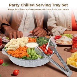 3-Pack Chilled Serving Tray for Parties 11.8" Round Ice Platter with Ice Underneath, 2 Stainless Steel Tongs & 100 Forks - Cold Appetizer Tray for Shrimp Cocktail, Fruit, Vegetable, Entertaining