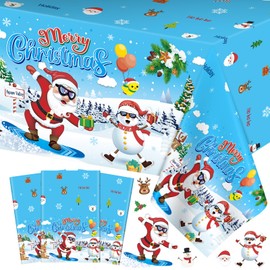 PERFQU 3 Pcs Merry Christmas Tablecloth - Xmas Cool Santa Claus Plastic Table Cloth Disposable Rectangular Blue White Table Covers for Christmas Tables Decorations Party Supplies Decor, 108 x 54 Inch