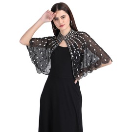 AOL Women's Hand Beaded Embroidered Embellished Georgette Chiffon Poncho Cape Wrap Flapper Shawl for Cocktail Great Gatsby Harlem Nights Waist Length(Black Silver, Free Size)