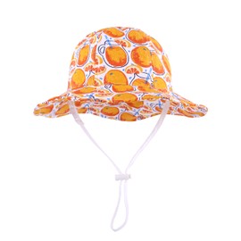 LANGZHEN Sun Beach Vibe Hat for Baby Girls Adjustable Toddler Kids Sun Protection Hat Wide Brim Summer Outdoor hat with Chin Strap(White-Orange,6-12Months (48cm /18.9"))