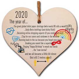 The Plum Penguin Handmade Wooden Hanging Heart Plaque Christmas Tree Bauble 2020 Year of Lockdown Funny Celebration Wall Hanger Decoration Family Friends