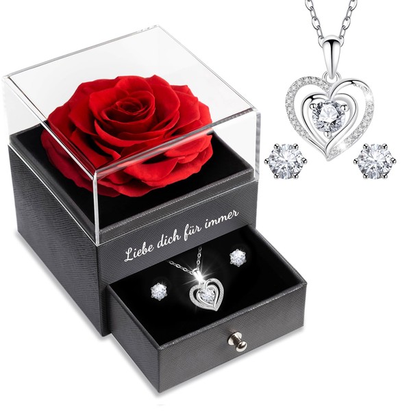Sunia Eternal Real Rose with Heart Necklace and Earrings Made of 925 Sterling Silver, Handmade Eternal Rose Gifts for Women, Mum, Grandma, Preserved Rose, Valentine's Day, Mother's Day, Eternal Rose