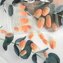 24Pcs Fake Nails Gold Star Press on Nails Short Almond False Nails Nude Nails Press Ons Gold Sun Moon Stick on Nail Glossy Full Cover Glue on Nail DIY Acrylic for Women and Girls