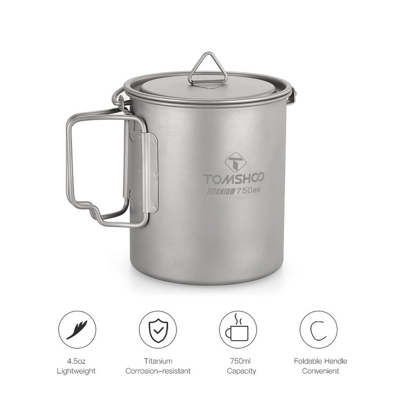 TOMSHOO Ultralight 750ml Titanium Pot Portable Titanium Water Mug Cup
