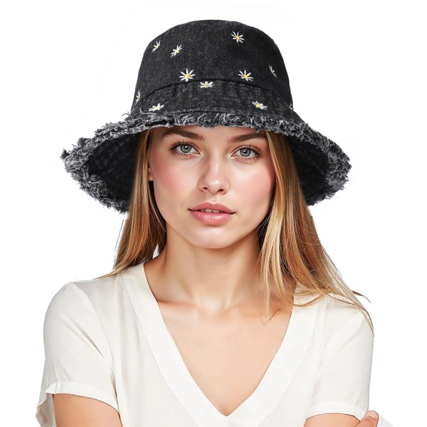 AYPOW Soft Washed Cotton Packable Bucket Hat Women, UPF50+ Embroidered