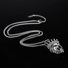 Lion Pendant, Crown Lion Necklace for Men, Norse Viking Lion Head Necklace Lion Jewelry, Hip Hop Roaring Lion Charm Necklace Stainless Steel Punk Lion Animal Pendant Necklace for mens (Silver)