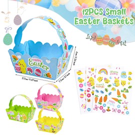 DERAYEE Small Easter Baskets, 12PCS Happy Easter Treat Gift Boxes with Cute Bunny Click Stickers for Easter Egg Hunt Party Favors and Decorations