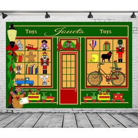 CORFOTO 7x5ft Fabric Christmas Toy Storefront Photography Backdrop Toys in The Shop Background Nutcracker Doll Bicycle Decorations Baby Shower Backdrop Xmas Party Photoshoot Studio Booth Props