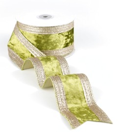 LIZLOVESS Moss and Champagne Gold Velvet Wired Ribbon 2.5" X 10 Yards Moss Green Velvet with Champagne Gold Glitter Border Stripe Christmas Ribbon for Tree, Wreath Supplies, Garlands Making