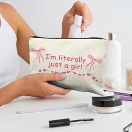 Likjad Coquette Pink Bow Makeup Bag, Preppy Pink Cosmetic Bags for Women, Coquette Stuff, Girly Makeup Pouch, I'm Literally Just a Girl Preppy Zipper Pouch