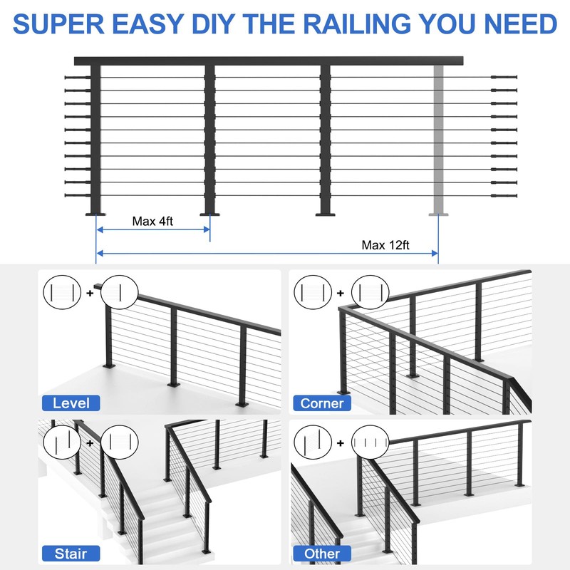 PLANTOP 35"x2"x2" Stainless Steel Cable Railing Post, Black Top Mount