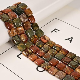 Land Long 33 Pcs 12mm Natural Red Creek Jasper Bead Flat Square Picasso Jasper Crystal Beads for Jewelry Making Crafts Bracelets Crafts