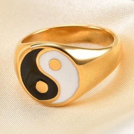 Jude Jewelers Stainless Steel Round Signet Shape Chinese Taiji Yin-Yang Feng Shui Cocktail Party Biker Ring, Metal, Cubic Zirconia