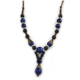 Avalaya Black/Midnight Blue Round Ceramic Bead with Brown Silk Cords Necklace/56cm-80cm L/Adjustable