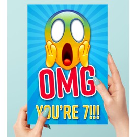 Funny 7th Birthday Card for Son or Daughter, OMG You're 7 Screaming Emoticon, Grandchild Card, Sister Birthday Card, Brother Birthday Card, Card for Boy or Girl