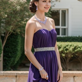 BriLove Bridal Jewellery Set for Wedding Women Austrian Crystal Teardrop Cluster Statement Necklace Dangle Earrings Link Bracelet Adjustable Ring 4Pcs Jewelry for Purple Silver-Tone